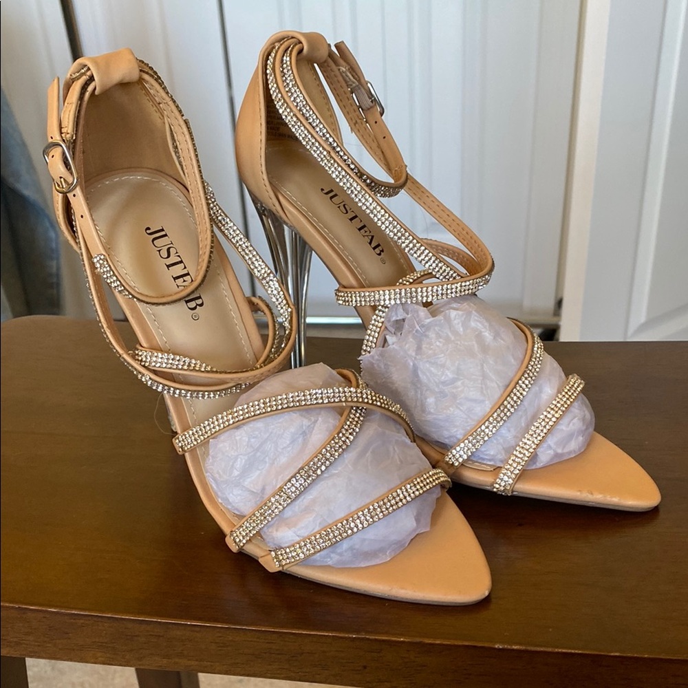 JustFab Tan Strappy Heels with Rhinestone Detailing